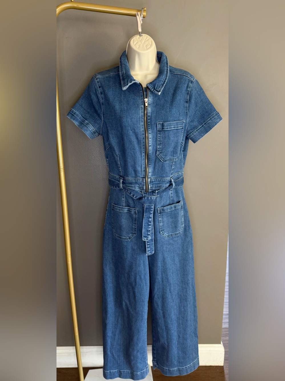 Maeve Anthropologie Denim Jumpsuit Belted Wide Leg Zip Utility Runway Chic Luxe